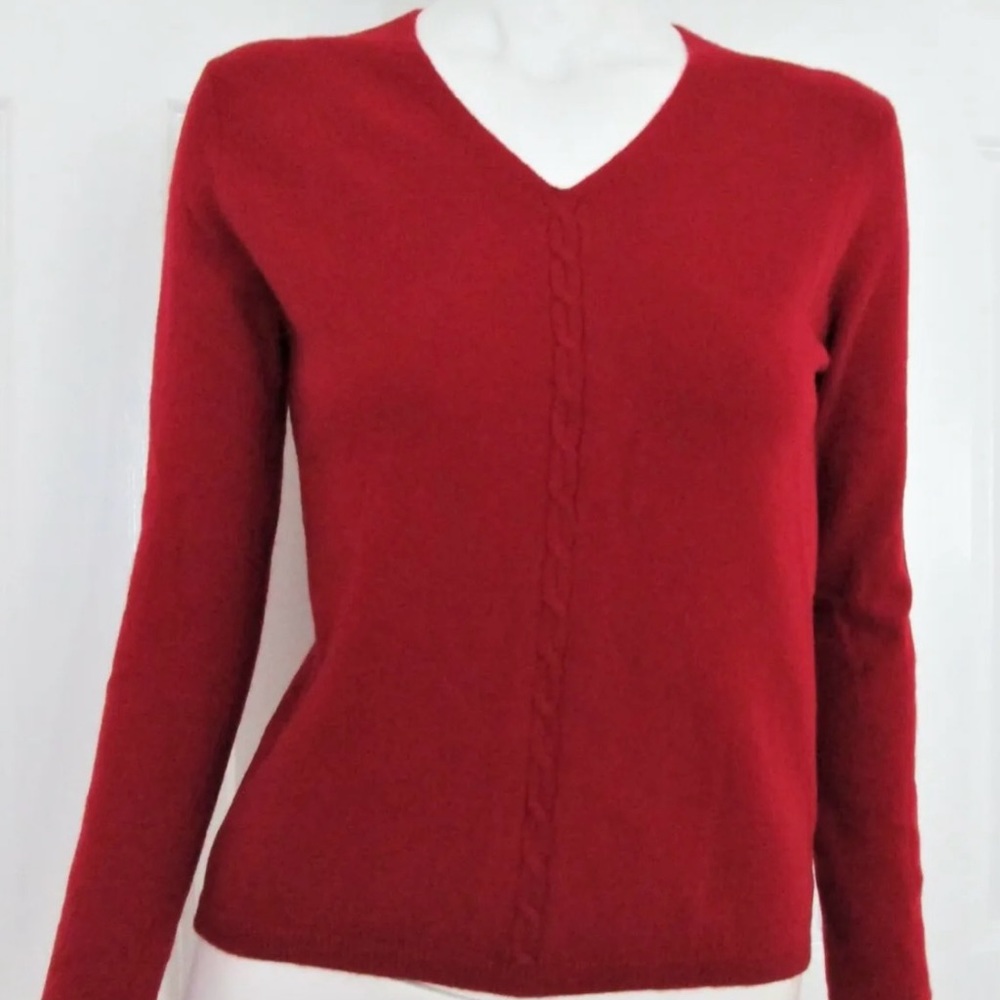 APT 9 Size L Red 100% Cashmere Long Sleeve V-Neck Pullover Sweater